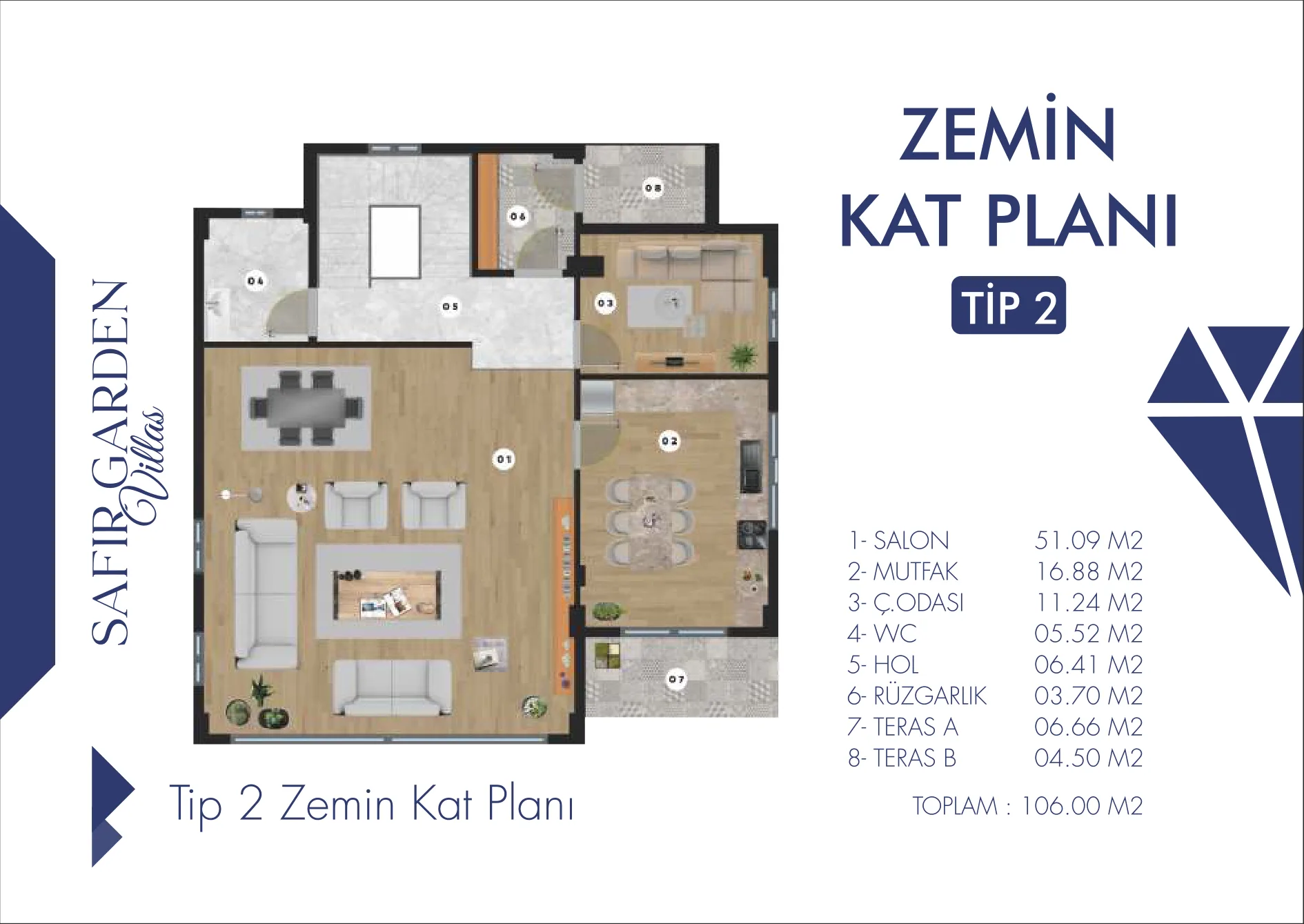Safir Garden Villas — Tip 2 — Zemin Kat kat planı