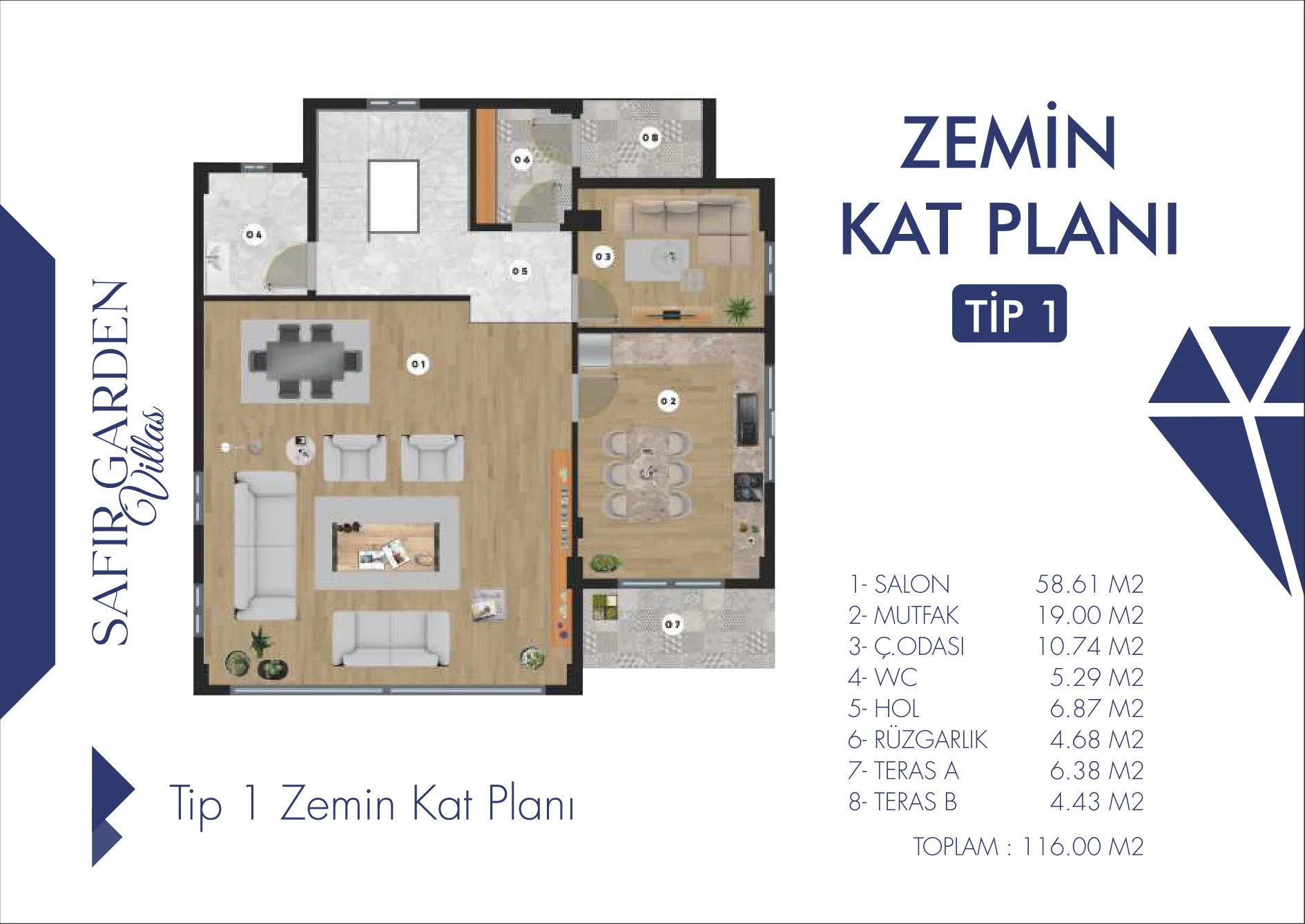 Safir Garden Villas Tip 1 — Zemin Kat kat planı